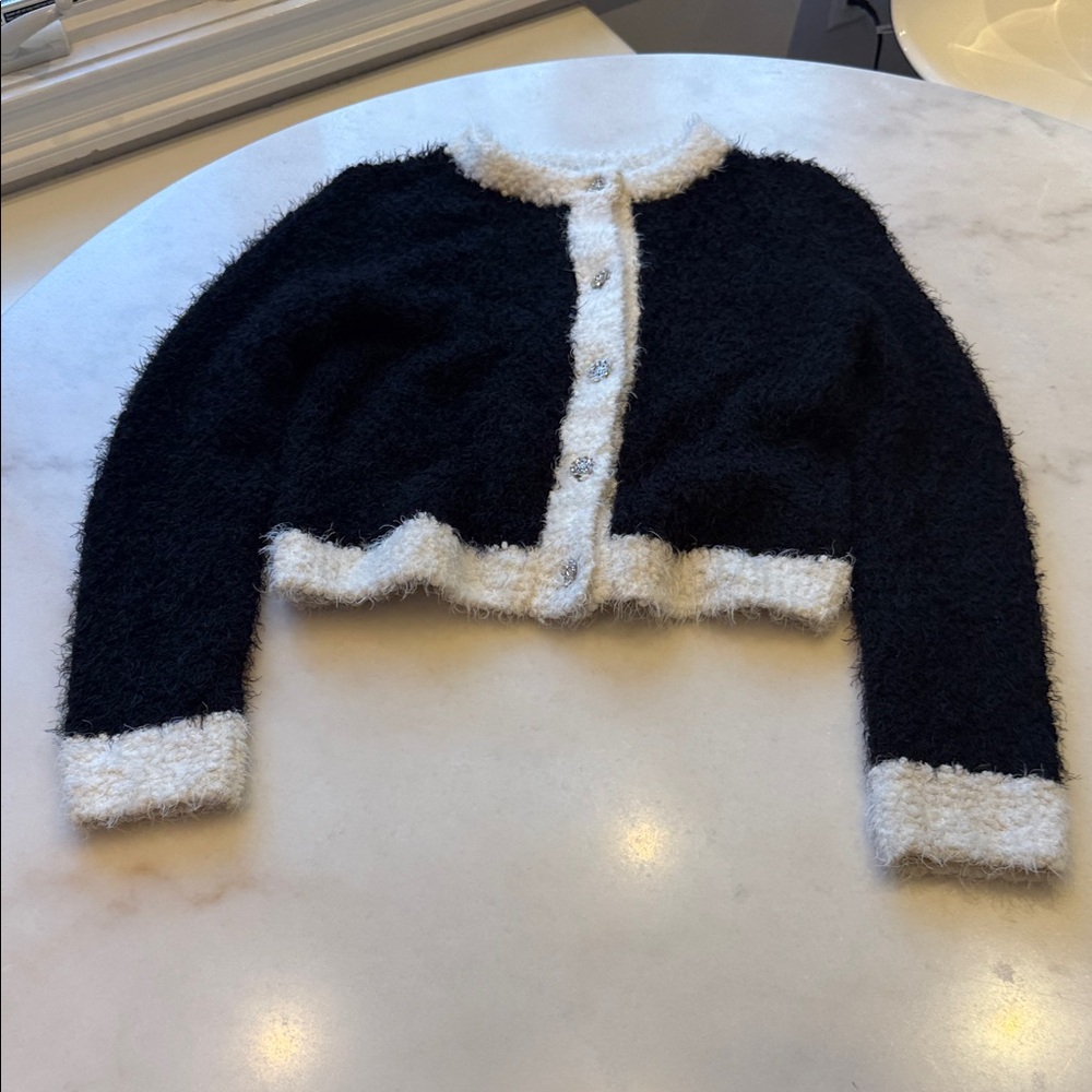 NWOT H&M Black and White fuzzy jewel buttoned Cardigan